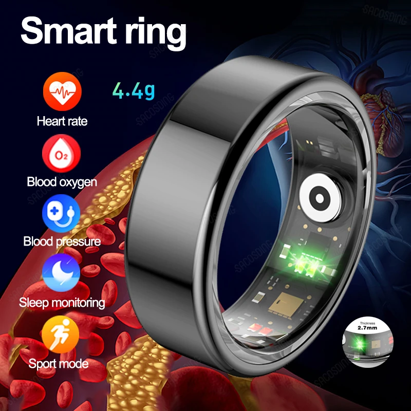 Heart Rate Smart Ring Military Grade Titanium Steel Shell Health Monitoring IP68 & 3ATM Waterproof Multi-sport Modes Ring Sm