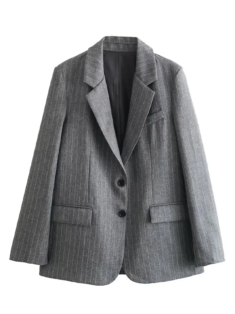 Willshela Women Fashion With Pockets Striped Single Breasted Blazer Vintage Notched Neck Long