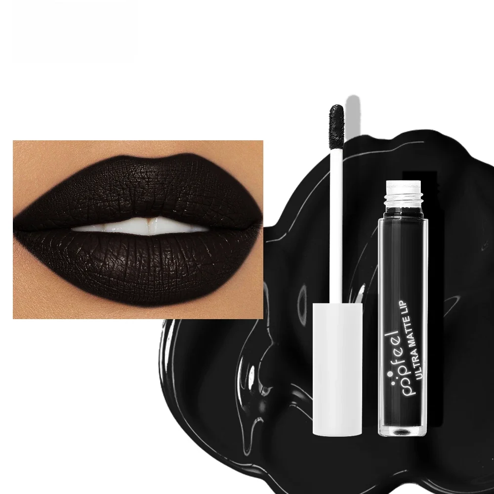 POPFEEL Party Lip Glaze Personality Candy Color Lip Gloss, Black Lip Glaze, Non-stick Cup Long