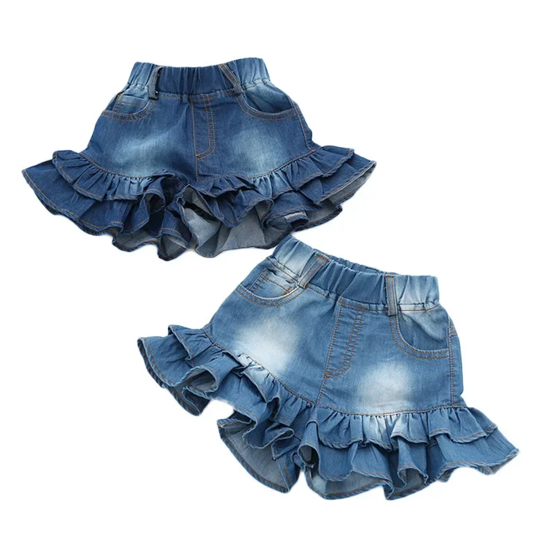 Girls Denim Shorts 2 Layers Ruffles Lace Teenage Girl Jeans Kids Workout Fashion Skirt Shorts Summer
