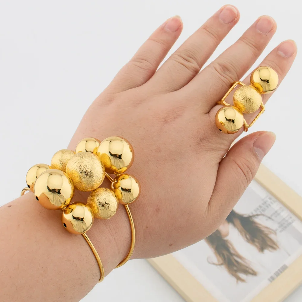 African Gold Color Jewelry Set for Women Beads Design Cuff Bangle and Ring Dubai Weddings Bride