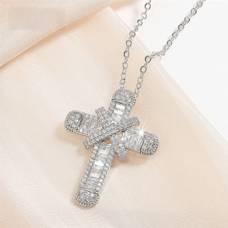 ZAKOL Fashion Hip Hop Cross Pendant Necklace for Women Men Shiny Zircon Wedding Party Choker Jewelry