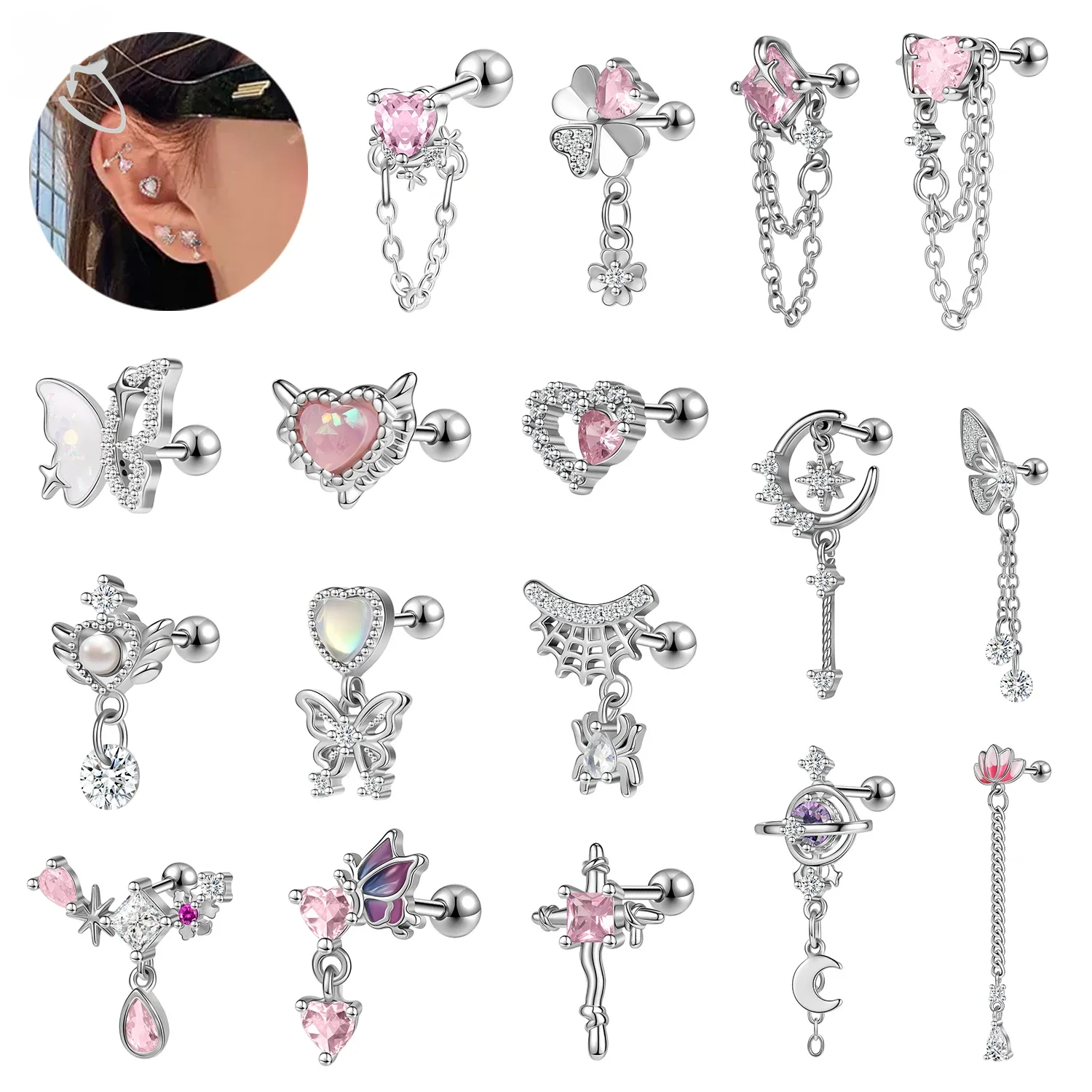 ZS 1 Piece 20G Cute Heart Stud Earring For Children Women Pink CZ Crystal Earrings Ear Cartilage