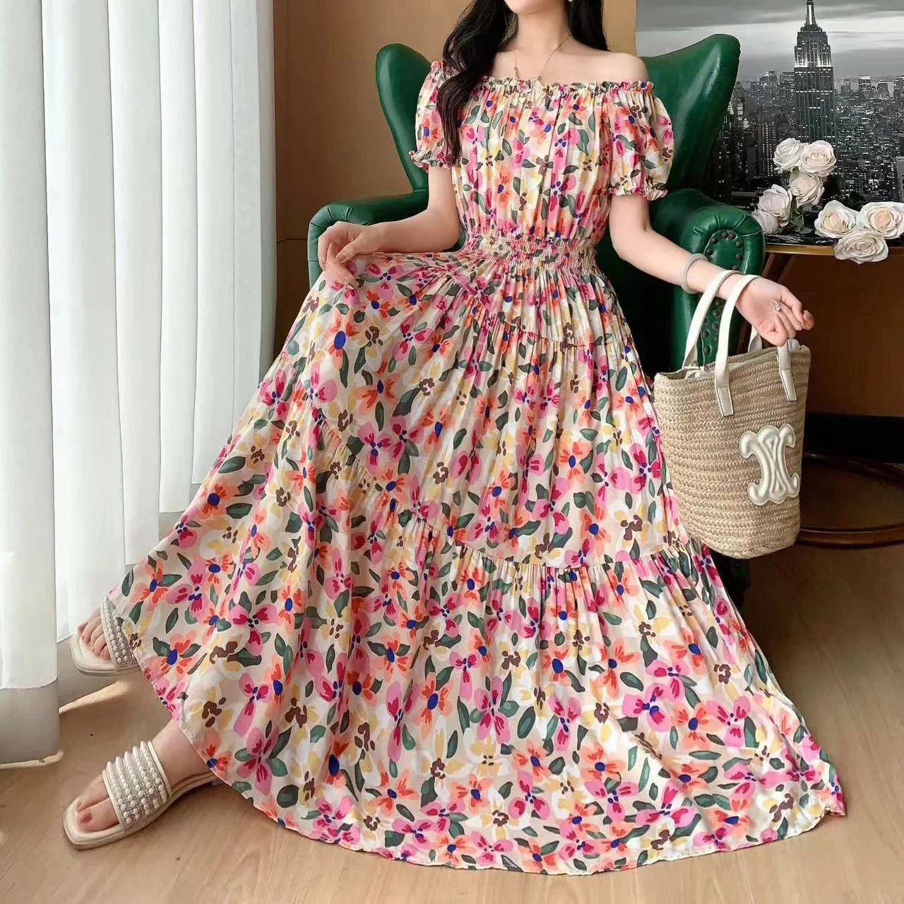 Romantic Bohe Sweet Korean Reviews Many Dress Midi Dress Colorful Flower Off Shoulder Youthful Woman