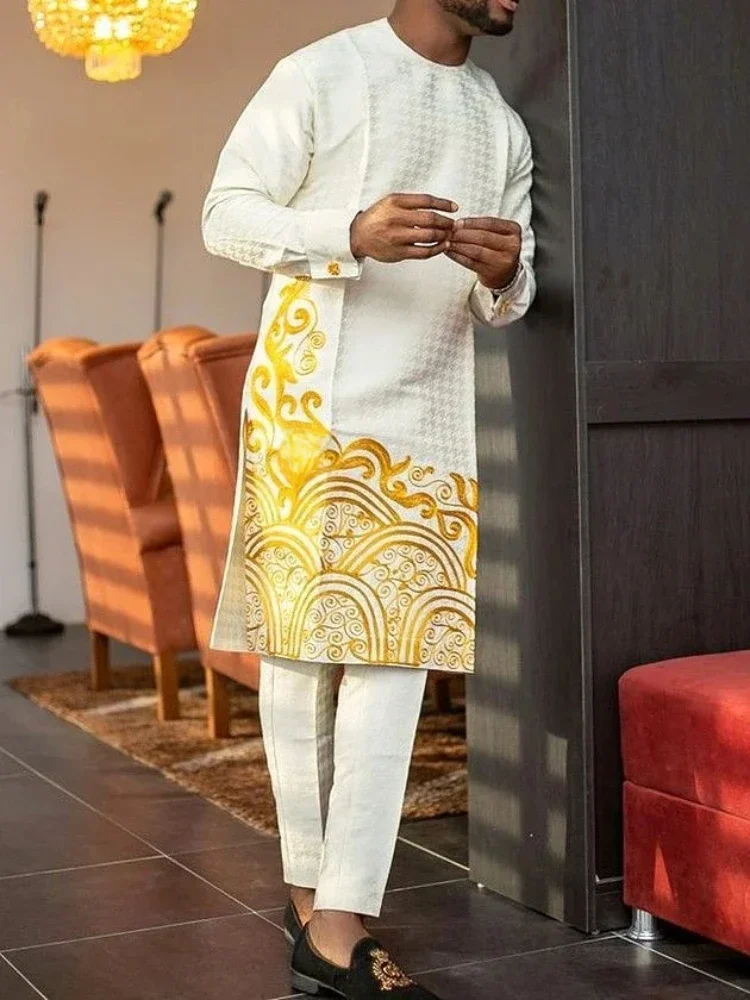 Men's fashion casual geometric print long sleeve two-piece set