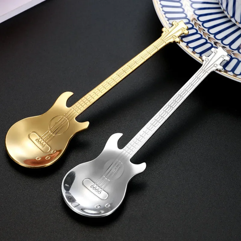 2/4Pc Stainless Steel Coffee Spoons Guitar Silver Teaspoons Mini Retro Dessert Cake Wedding Café