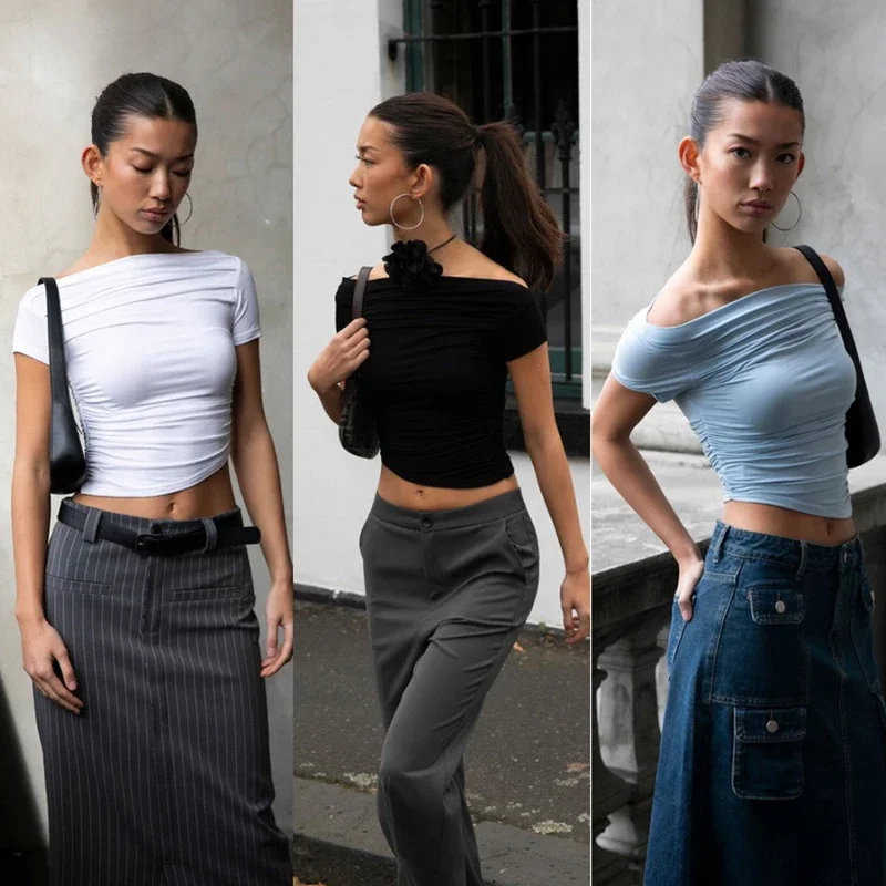 Summer New T-shirt Women Sexy Short Sleeve Fashion Tees Slash Neck Folds Crop Top Casual Streetwear