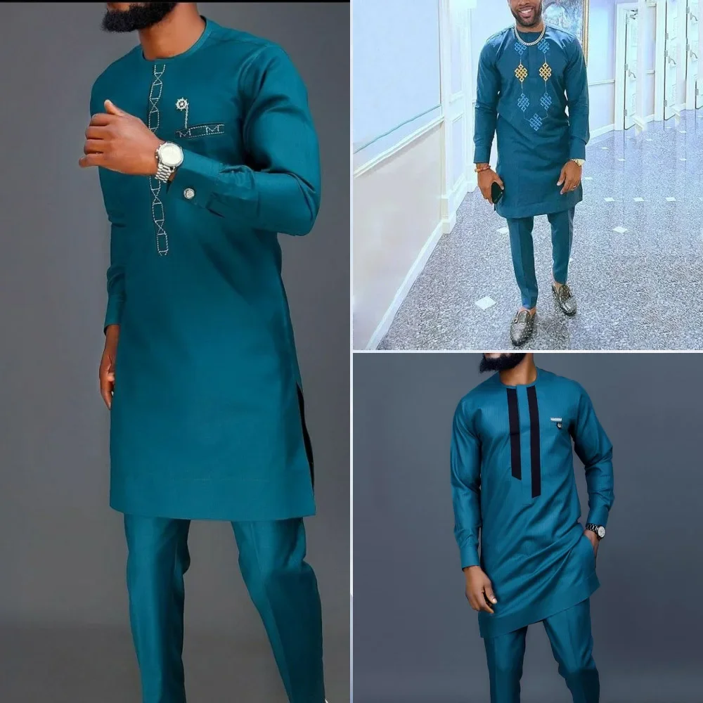 Summer African Men's Traditional Elegant Suits Outfit Dashiki 2Pcs Shirt & Pants Full Set Designer