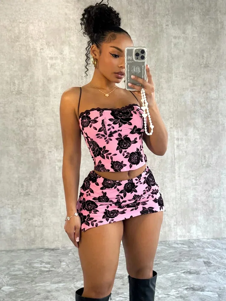 Weird Puss Flower Print Women 2 Piece Set Elegant Summer Trend Lace Bow Camisole+Peach Hip Skirts