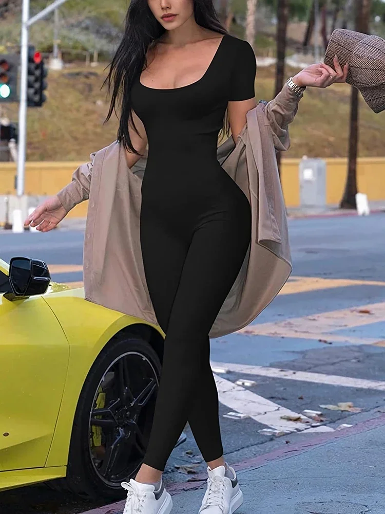 2024 Spring and Summer New Women's One-piece Short Sleeve Solid Color Sexy Slim One-piece Fashion