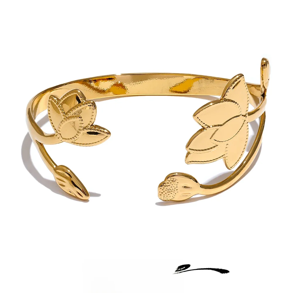 Yhpup Big Stainless Steel Flower Open Fashion Cuff Bracelet Bangle Waterproof Metal Tarnish