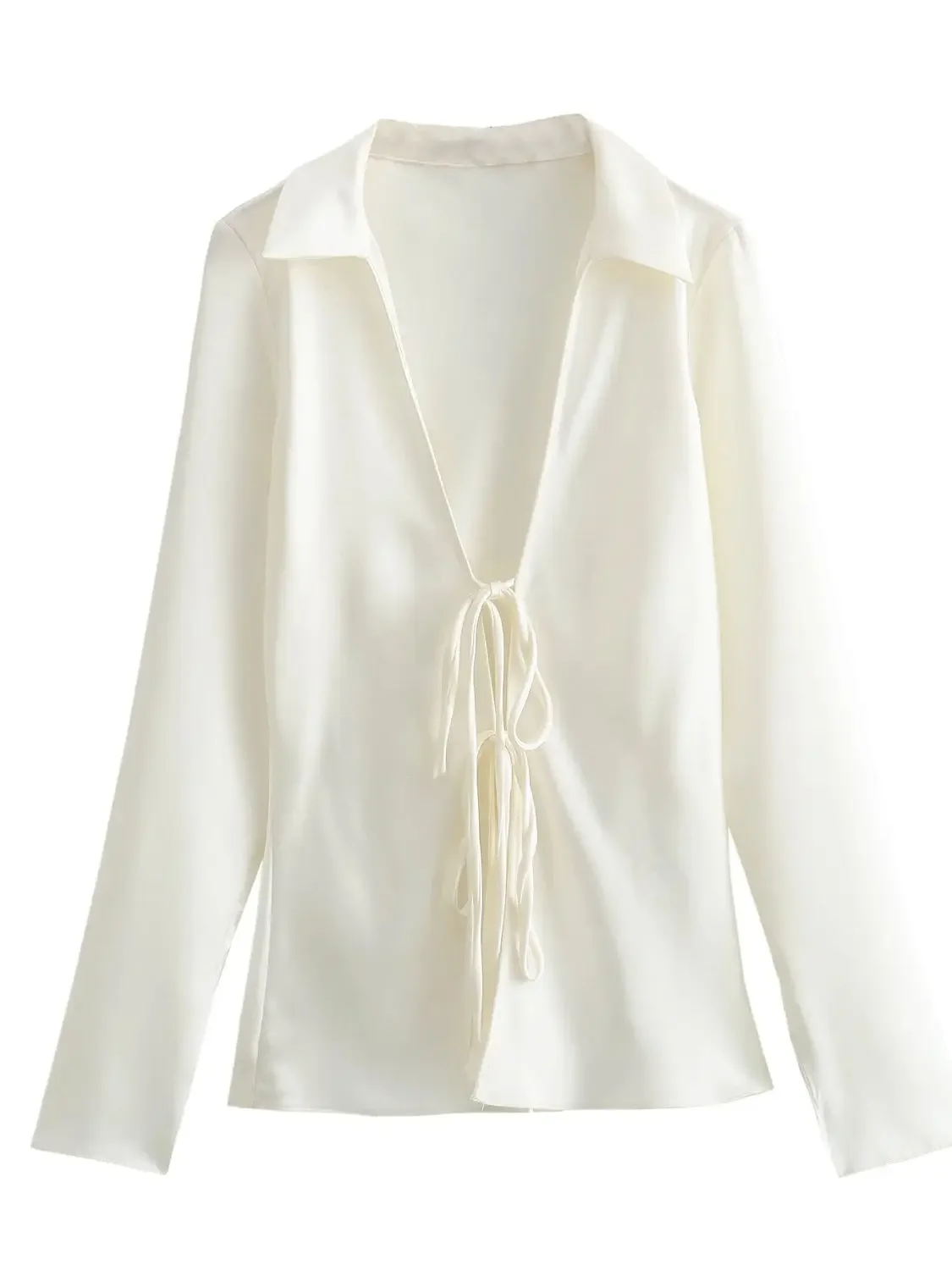 XNWMNZ 2024 Woman Fashion Satin Silk Texture Shirt Casual Loose Tie Bow Long Sleeve Blouses Street