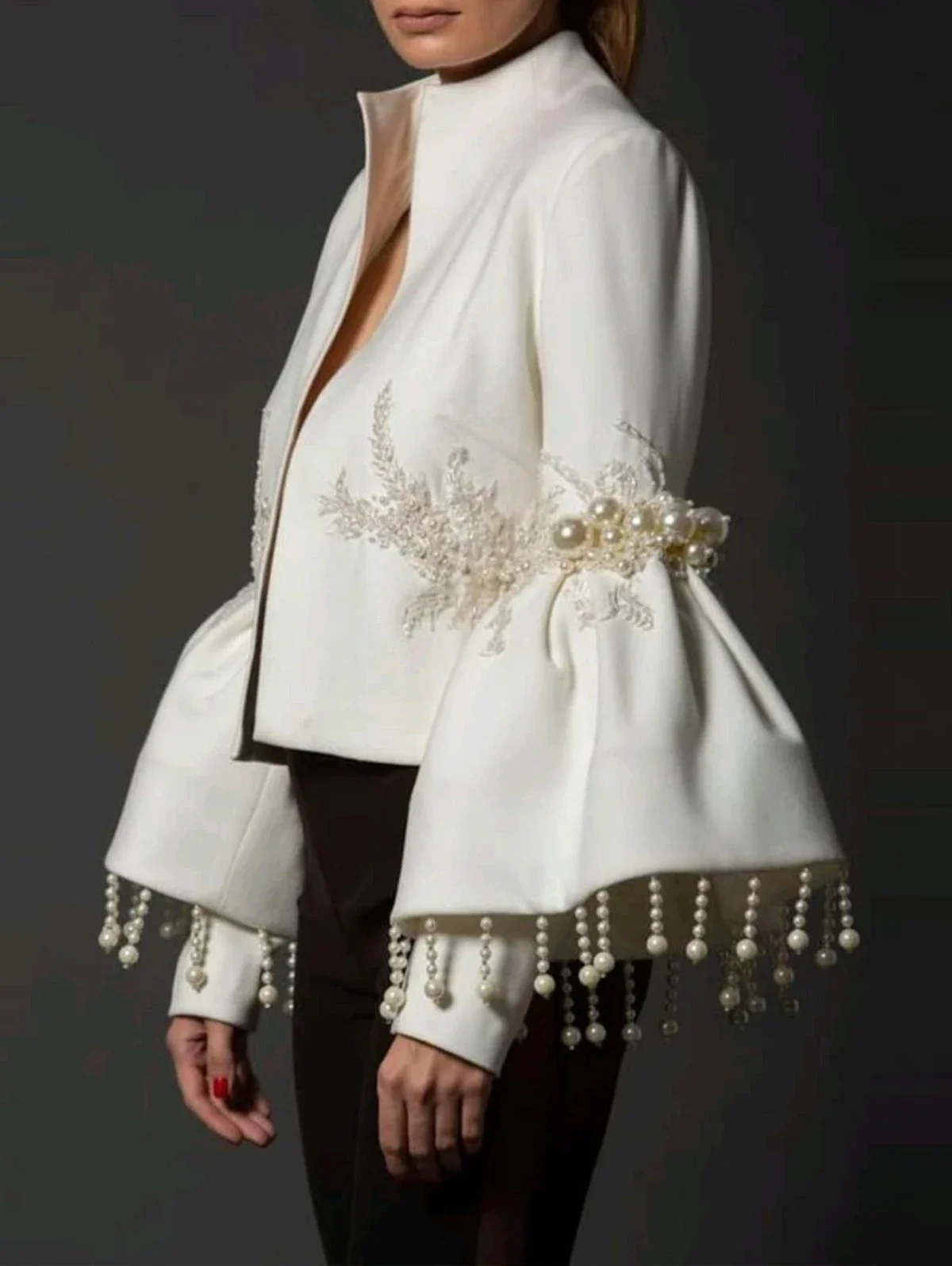 Vintage Elegant Stand Collar Jackets Women Spring Pearl Fringed Decor Embroidery Flared Sleeves Coat