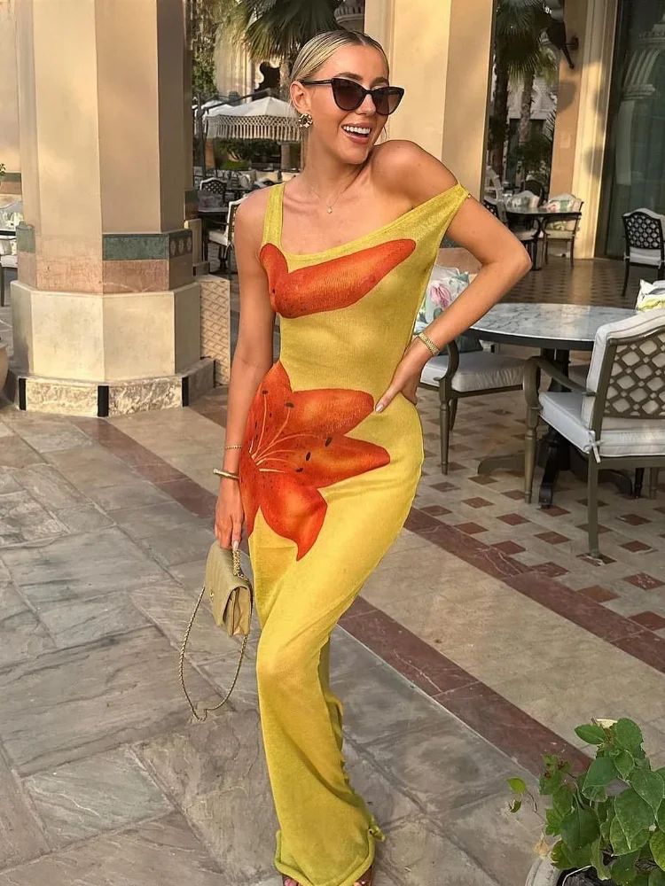Flower Printed See Through Sleeveless Dress Women Fashion Diagonal Collar Long Robes 2024 Summer