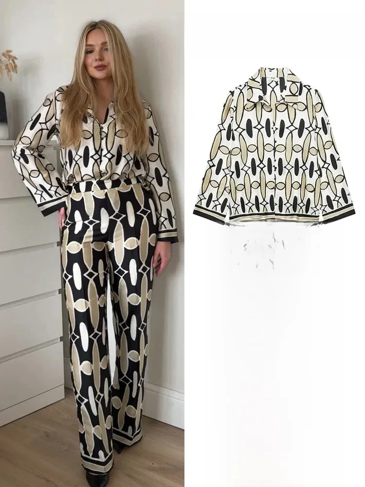 TRAFZA Spring Women's Geometric Print Lapel Long Sleeve Shirt 2-piece Set Side Pockets Casual High