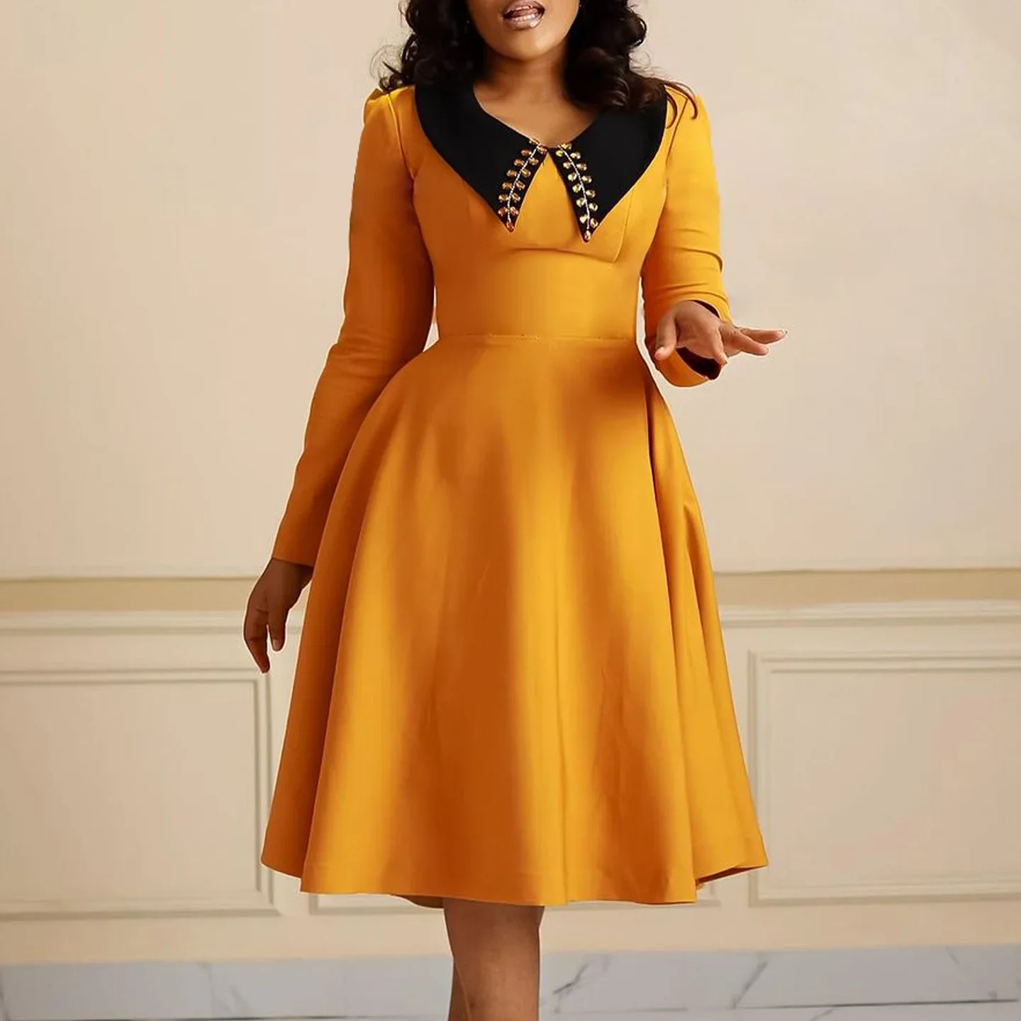 New Elegant Career Dresses Women Casual Long Sleeve Polo Neck A-line Ladies Office Dresses Women