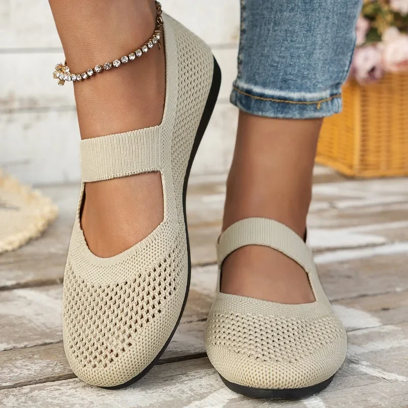 2024Autumn New Womens Fashion Round Toe Flat Non-Slip Womens Shoes Solid Color Mesh Shallow Mouth