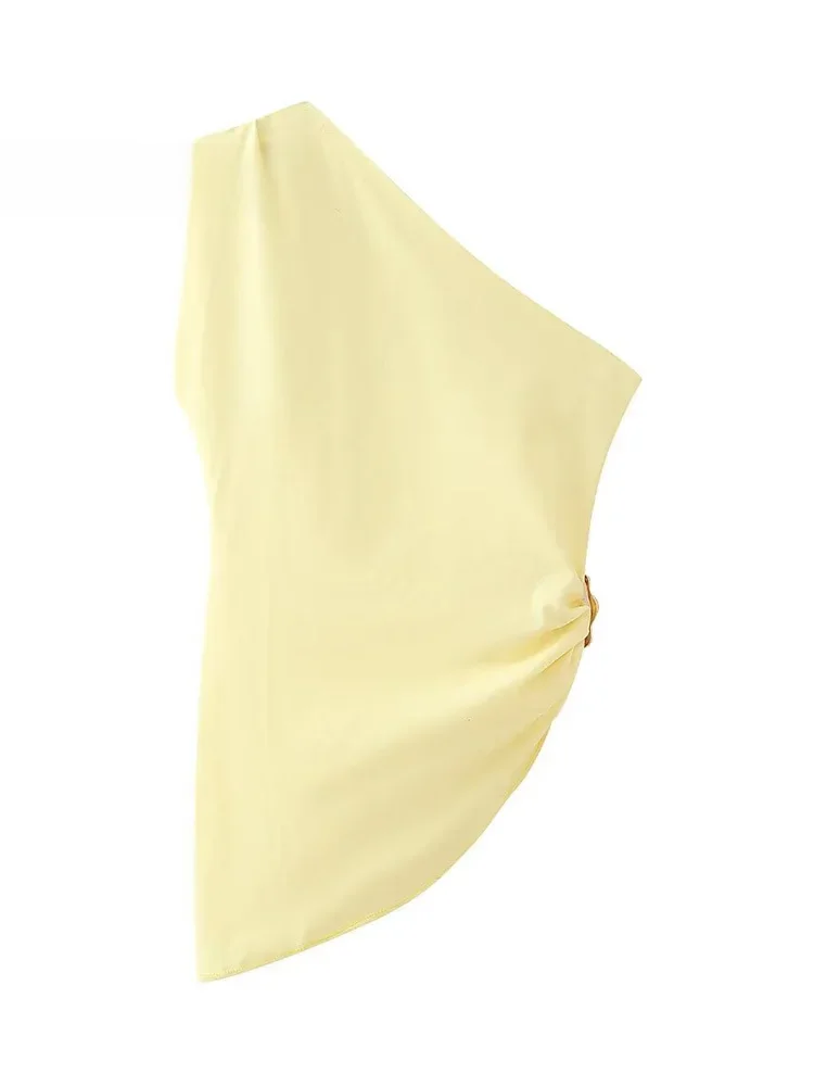 Willshela Women Fashion Yellow Pleated Bandage Asymmetrical Tops Vintage Backless One Shoulder