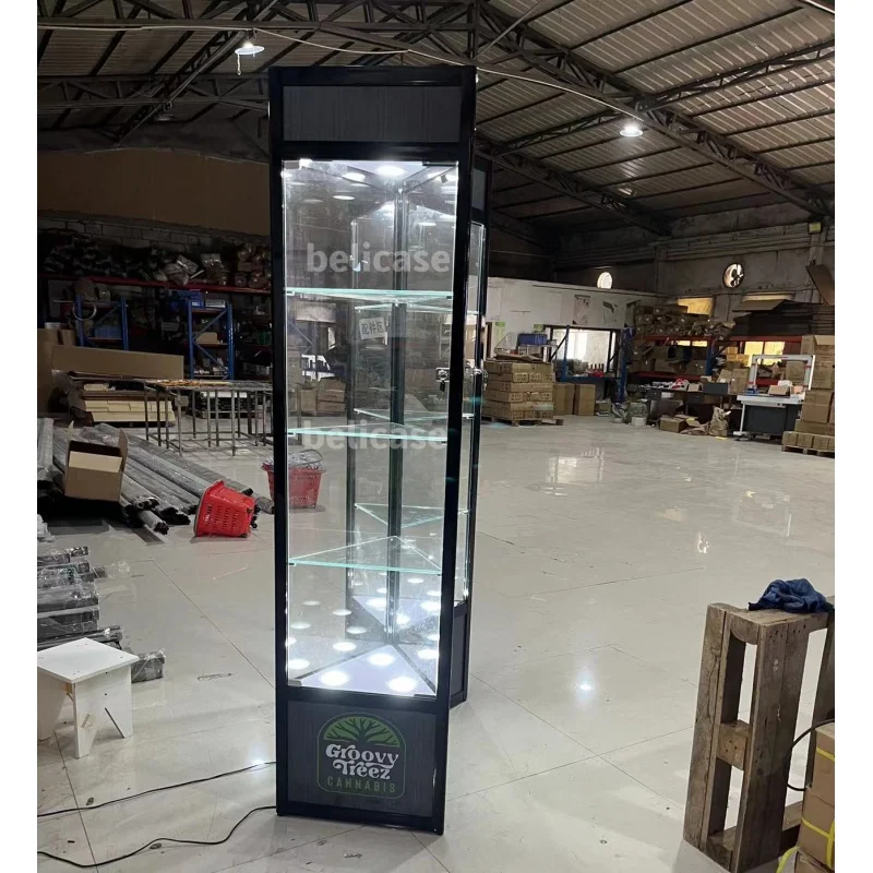 Custom, cheap boutique jewelry watch shop furniture glass cabinet with LED lights smoke shop aluminum frame glass corner showcas
