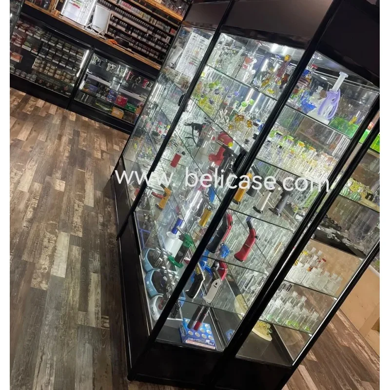 custom，Customer Factory Glass LED light For Aluminium Display Showcase Gold For Wine And Liquor Shelves