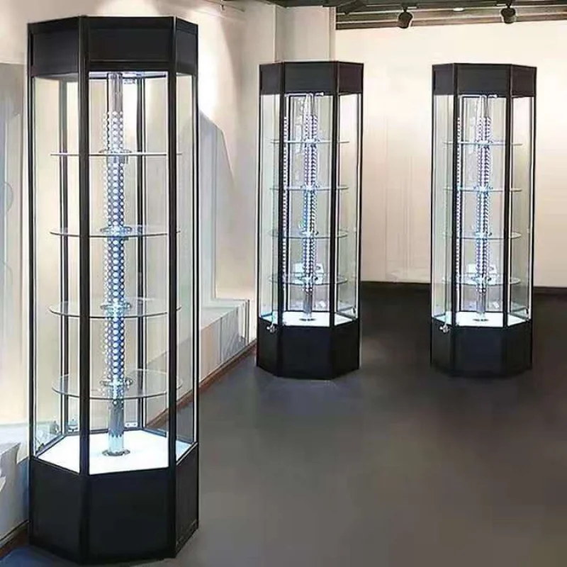 custom，Fancy Rotating Tower Showcase with Lighting Preassemble Glass Smoke Shop Showcase for Sale
