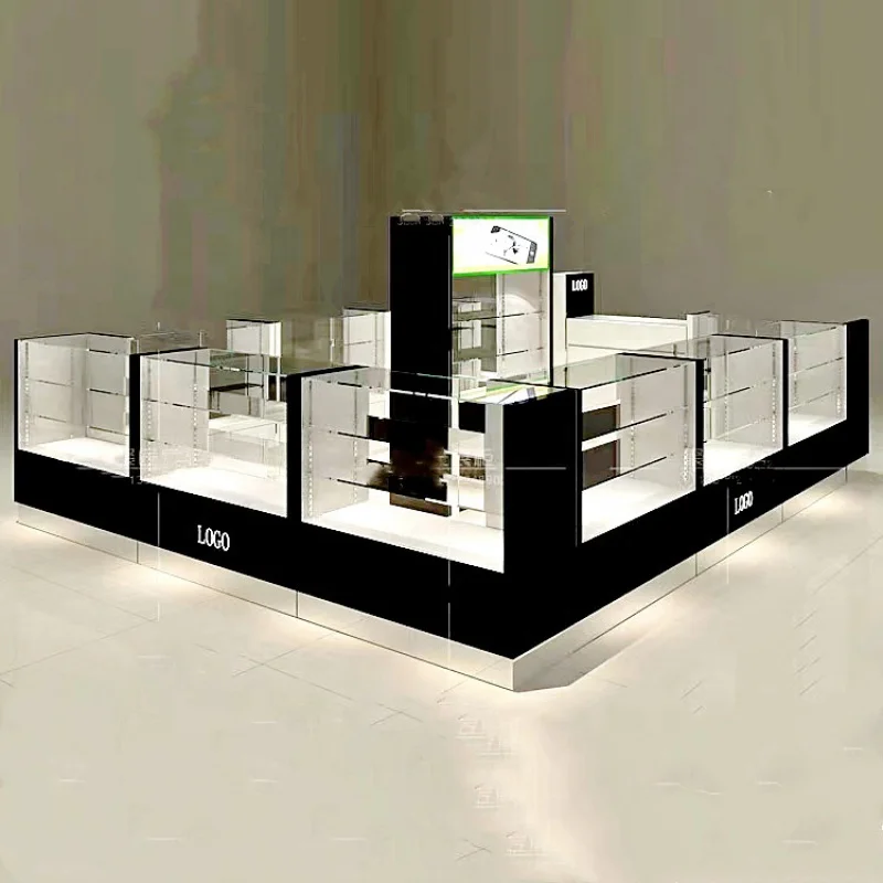 Custom, black wooden perfume kiosk jewelry glass showcase jewelry glass display mall jewelry kiosk booth