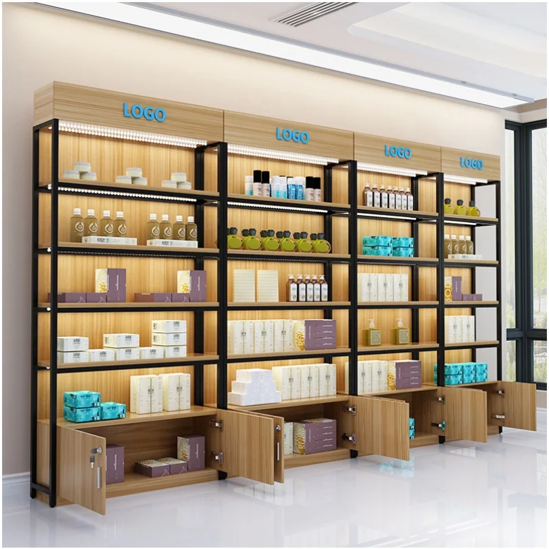 custom，Retail Shop Shelves and Display Cabinets with LED Light High Quality Wooden Display Shelf Rack