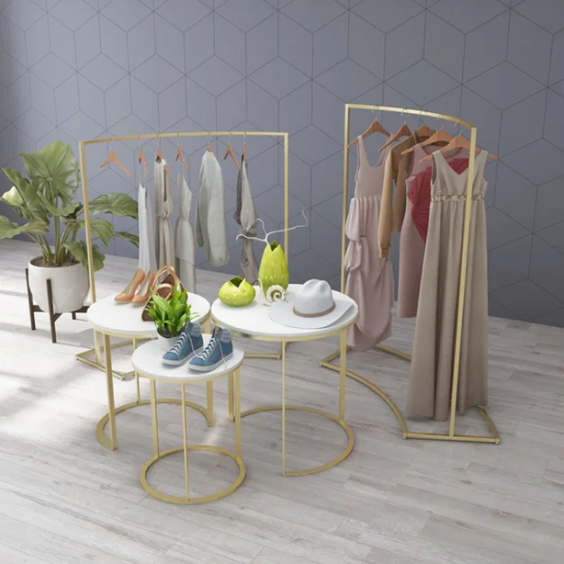 Custom, European Gold Apparel Clothing Store Shop Fitting Shoe Bag Garment Display Rack Stand Nesting Table Set