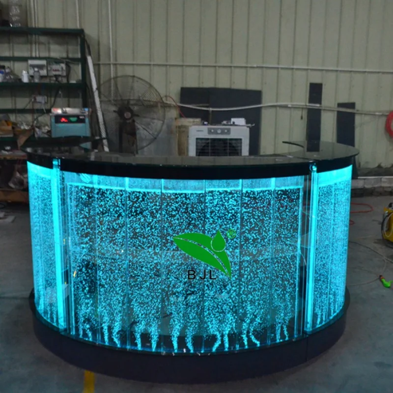 Custom, floor standing black glass tabletop acrylic led water bubble wall bar counter