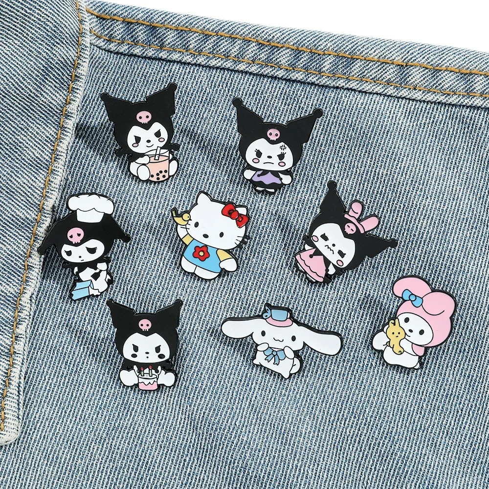 8 Pcs Animal Hello Kitty Brooch  Angry Princess Kulomi Melody Lapel Pin Fashion Cinnamon Metal Badge
