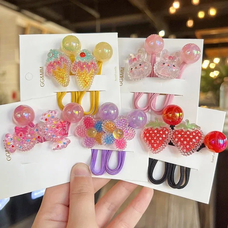 2PCS Lovely Cartoon Strawberry Candy Girls Elastic Hair Bands Kids Princess Hair Accessories