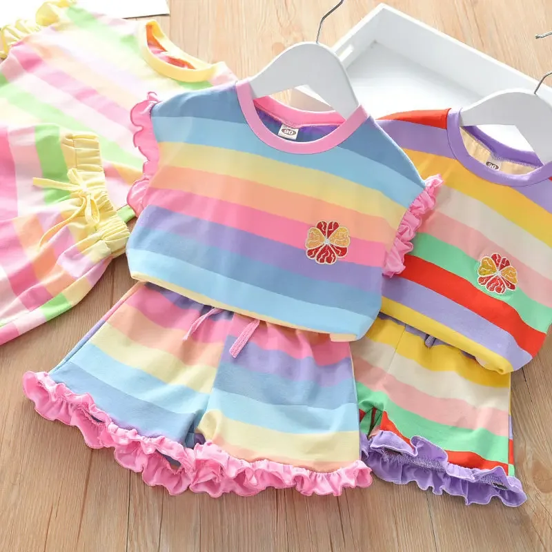 Children's Clothing Sets Floral Embroidery Short Sleeve Lace Top + Striped Printed Shorts 2pcs Sets