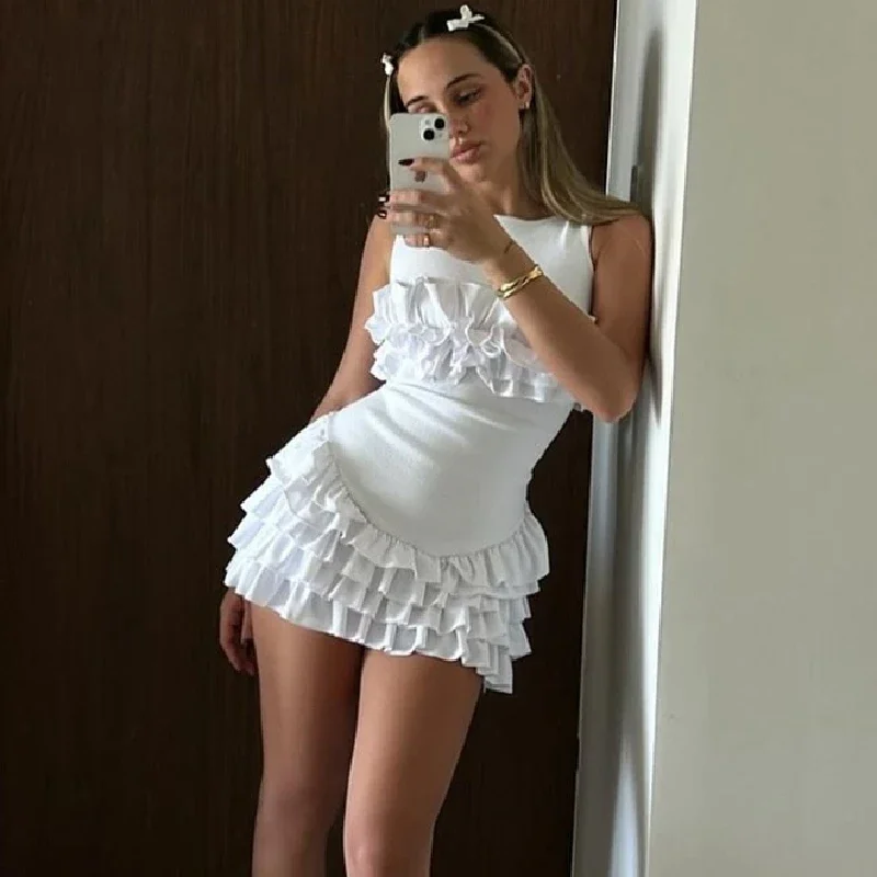 WhereMery Temperament Pleated Mini Dress Y2K Summer Sleeveless O-Neck Lace Applique Evening Dress