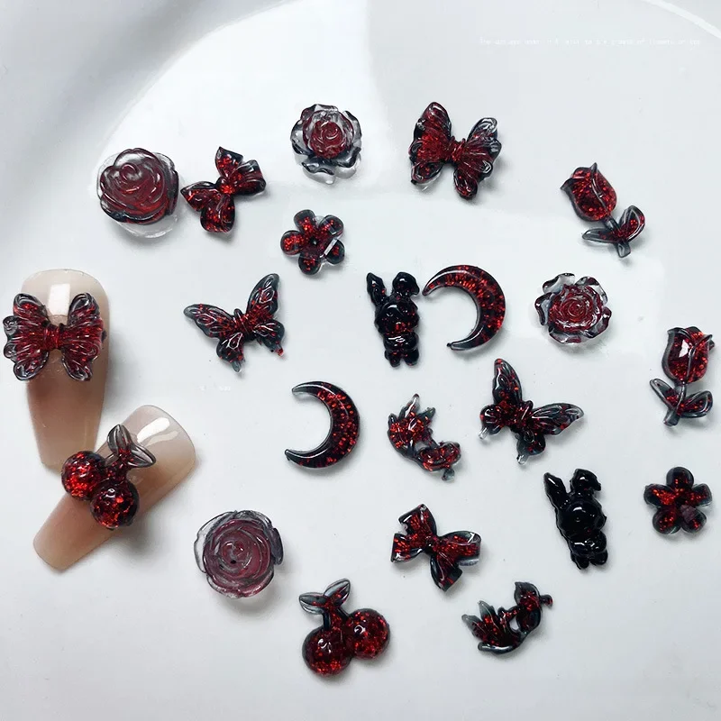 20pcs 3D Dark Gothic Resin Nail Art Charms Fashion Kawaii Flower Butterfly Nail Decorations