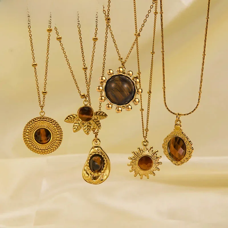 ANENJERY L316 Stainless Steel Brown Stone Pendant Necklace for Women Vintage Delicate Jewelry