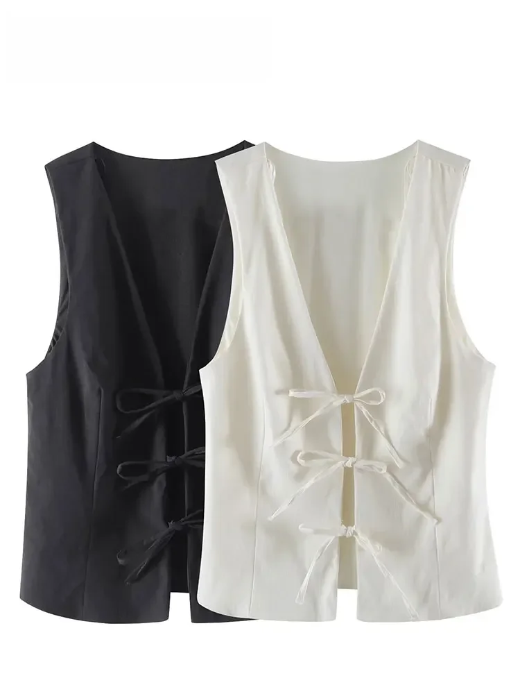 TRAFZA Women Fashion Lace Up Vest V Neck Sleeveless Top Y2k Vintage Solid 2024 Female Summer Sexy