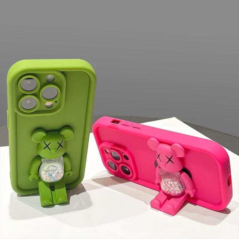 Cute 3D Bear Bracket TPU Phone Case for iPhone 15 14 13 12 11 Pro Max XR XS X 8 7 Plus Silicone