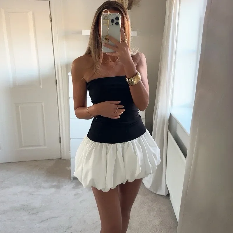 TARUXY Contrast Color Mini Folds Dress For Women Strapless Sexy Slim Sleeveless Ruched Splice Y2K