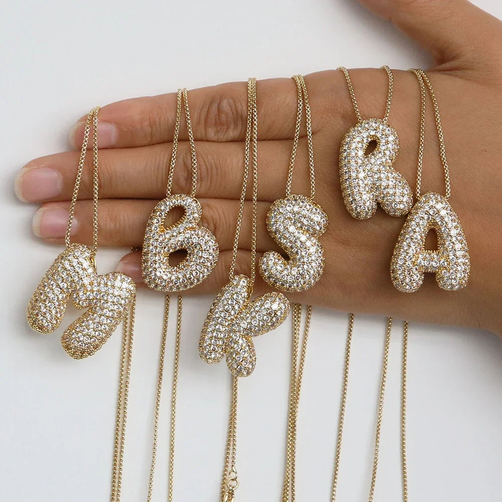 Sparkly CZ Zircon Letter Initial Necklace for Women Box Chain Gold Plated Balloon Bubble A-Z Pendant