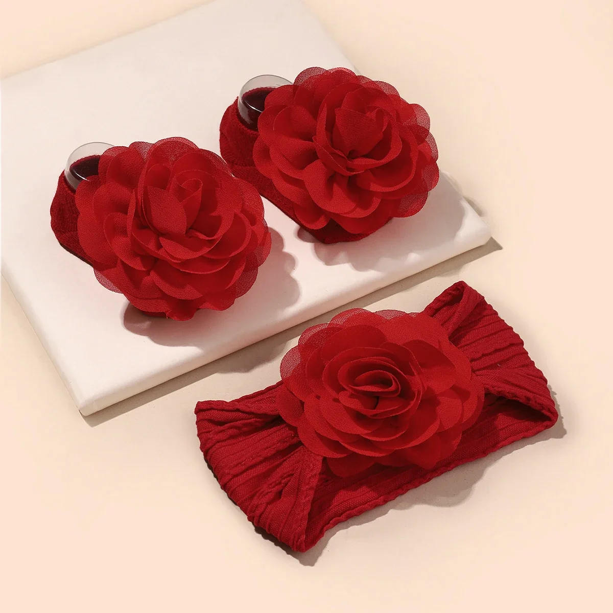Flower Baby Headband and Socks Set Newborn Girl Soft Nylon Hairband Elastic Floral Turban Short Sock
