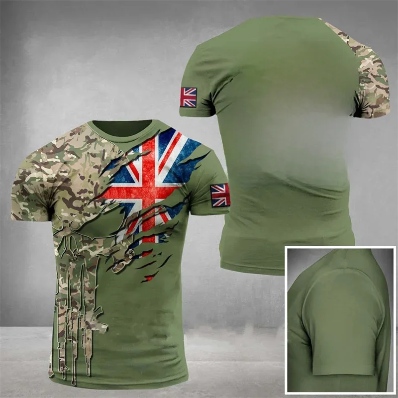 2024 Summer British Flag Graphic T Shirt for Men Gym Clothing 3D Printed Field Camouflage Tee Shirts