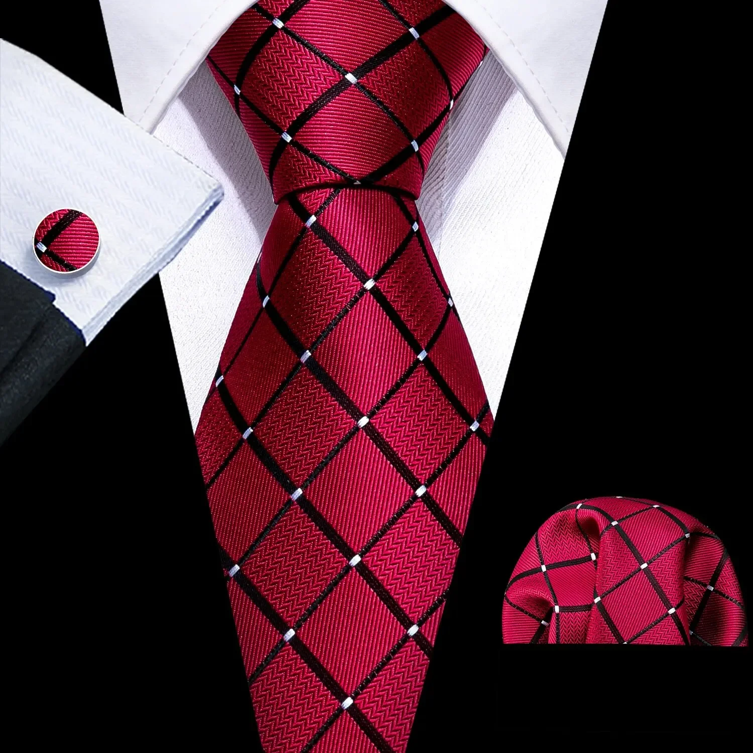Barry.Wang Men's Tie Jacquard Plaid Checked Navy Pink Black Necktie Hankerchief Cufflinks Set for
