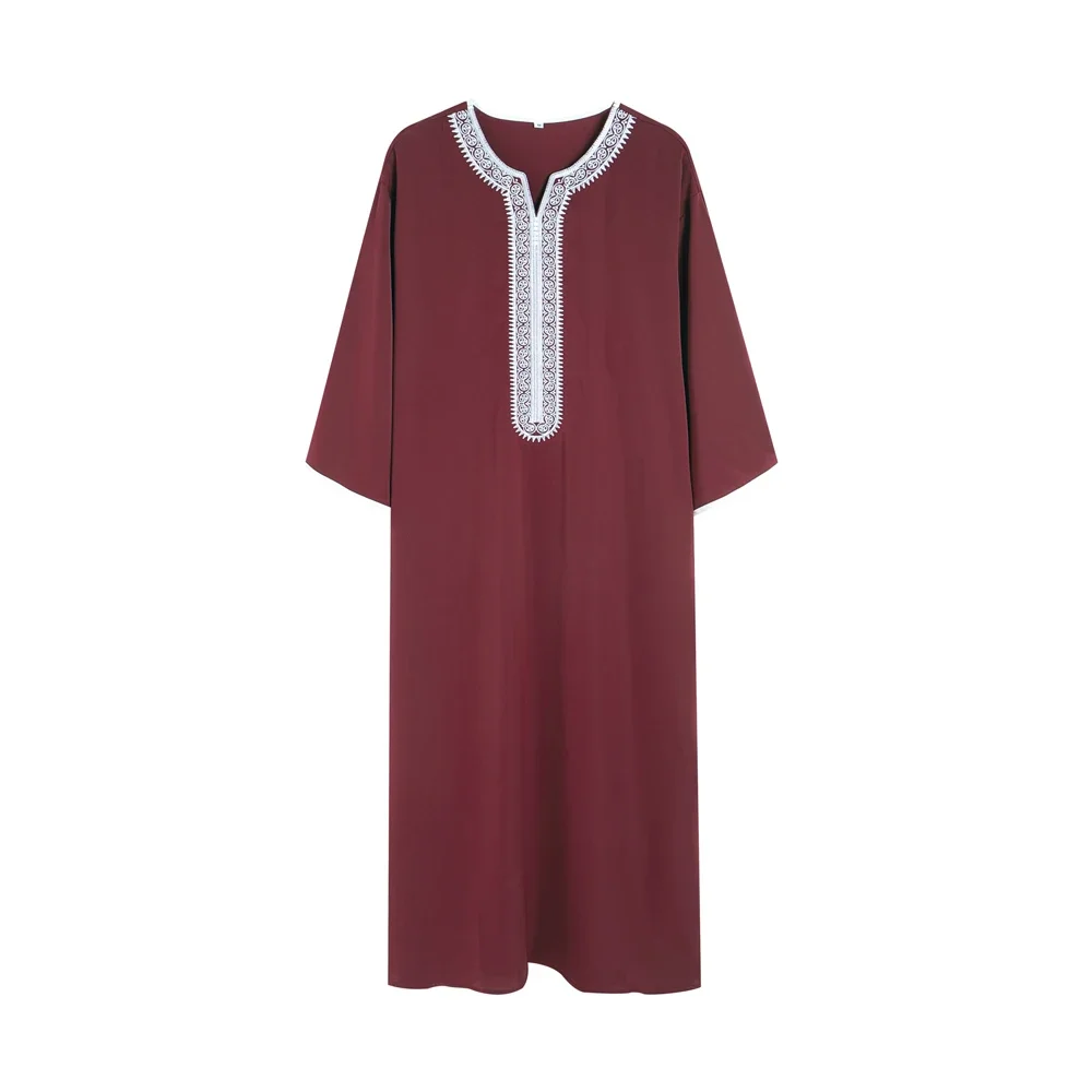 Muslim Men Jubba Thobe Short Sleeve Solid Color Embroidery Breathable Traditional Islamic Clothing