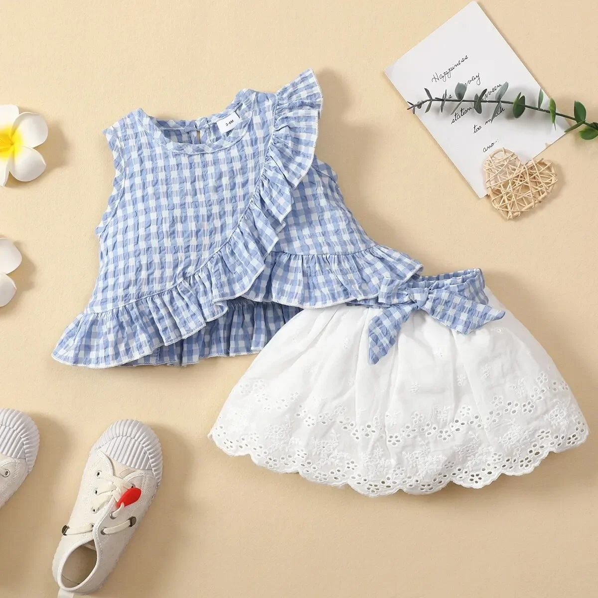 Charming Girls' Summer Ensemble: Sleeveless Plaid Ruffle Top & Lace Hem Skirt - Comfy, Durable &