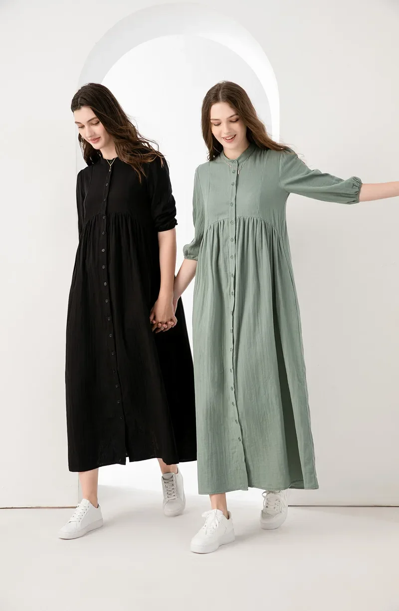 AS 2024 summer 3/4 sleeve gauze dress breathable 100% cotton woman clothing maxi dress with lining