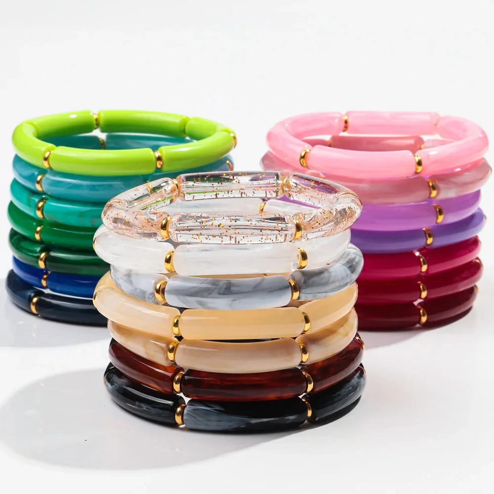 Bohemia 3Pcs/Set Acrylic Bamboo Tubule Bracelet Set for Women Boho Elastic Thin Tube Beads Bracelet
