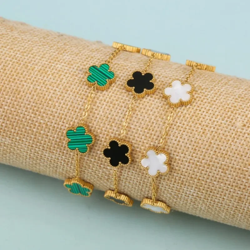 1pc Stainless Steel New Plant Clover Adjustable Bracelet for Women, Hot Selling Five Leaf Flower