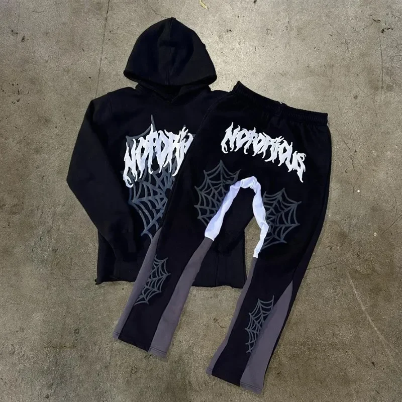 2024 American High Street Harajuku Spider web print Loose Hoodie Y2K Hip Hop Street Men Women's