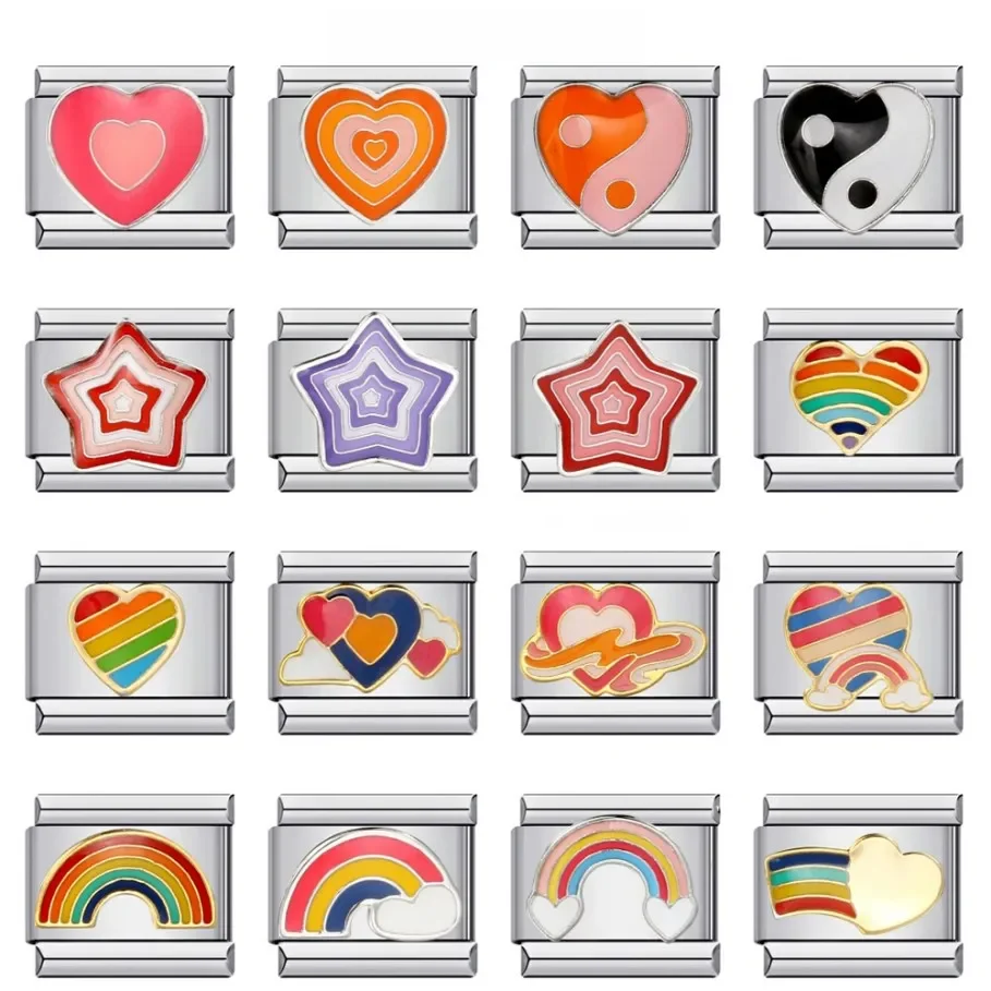GEMOSA Cute Y2k Fashion  Glaze Star Rainbow Heart Charms Italian Links 9mm Bracelets Bangle