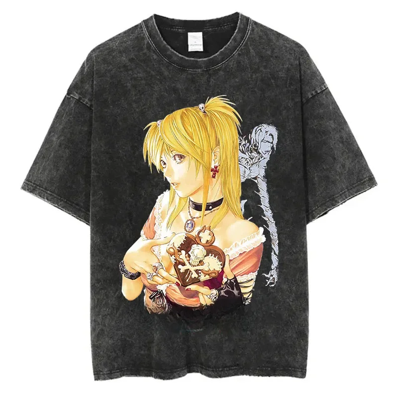 Harajuku Vintage Washed T Shirts Death Note Anime Graphic Printing T Shirt Oversize Cotton Fashion